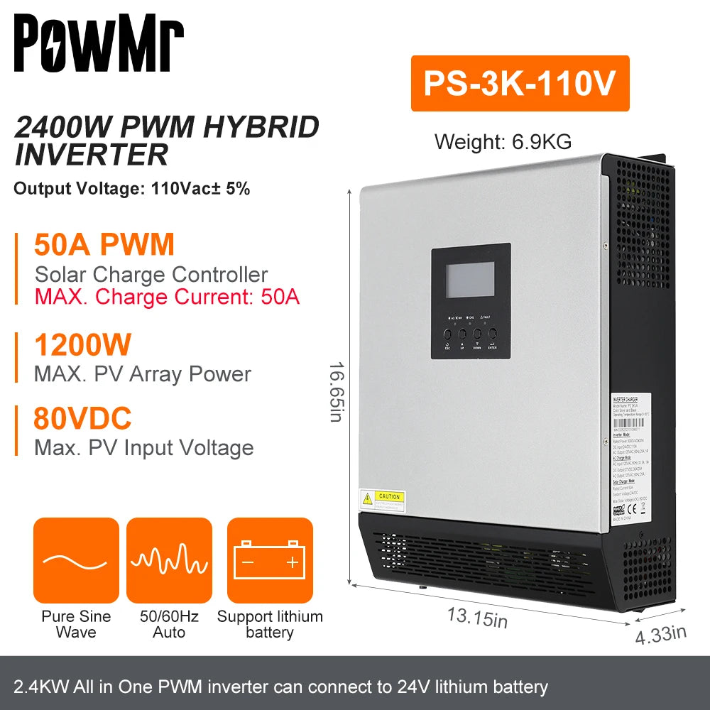 PowMr 3KW Hybrid Solar Inverter 24V to 110V 120V 2400W Pure Sine Wave PWM 50A Solar Charge Controller and AC Charger for Home