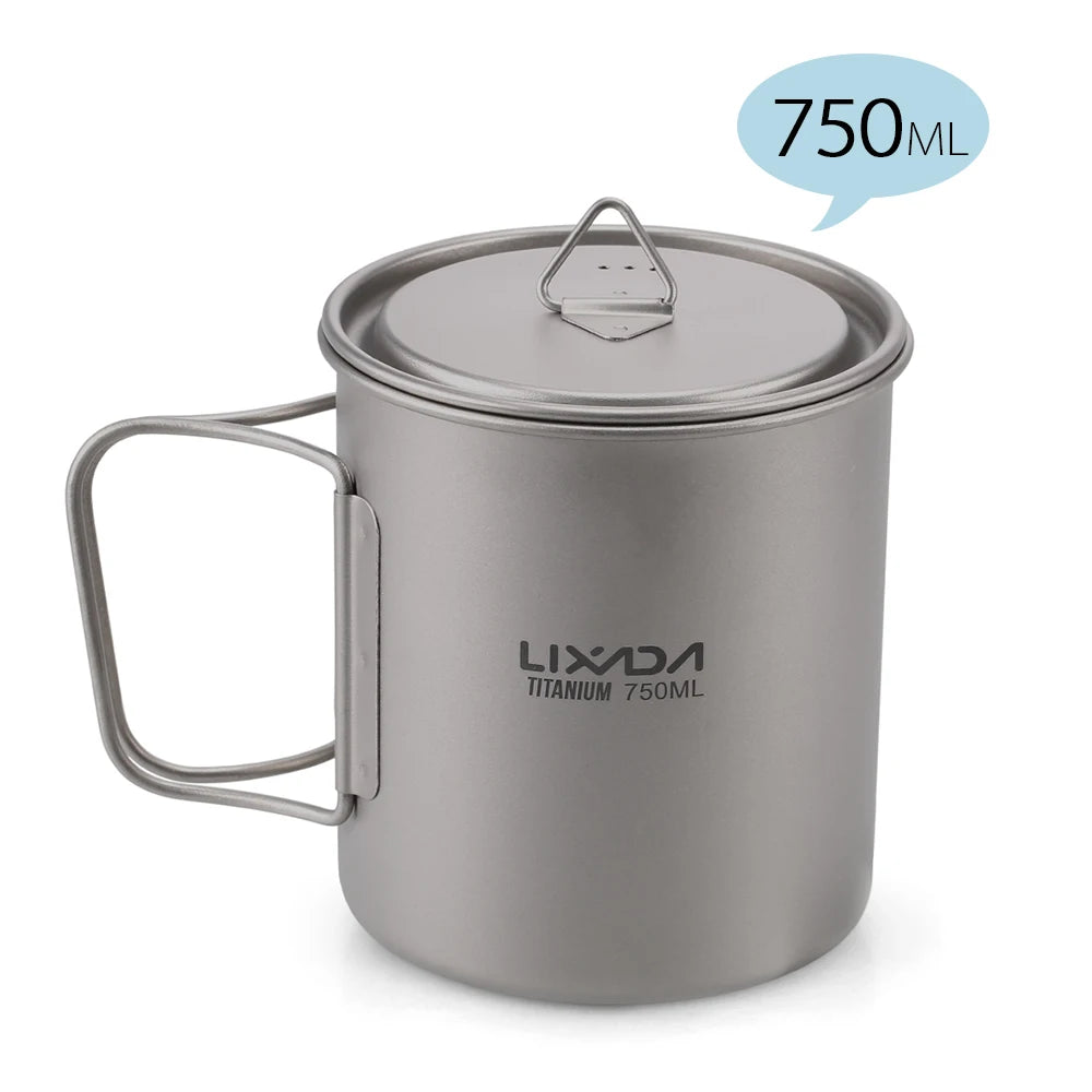 Lixada Titanium Pot Camping Water Cup Mug Lightweight Titanium 750ml Pot 350ml Water Cup Mug Camping Spork Outdoor Tableware