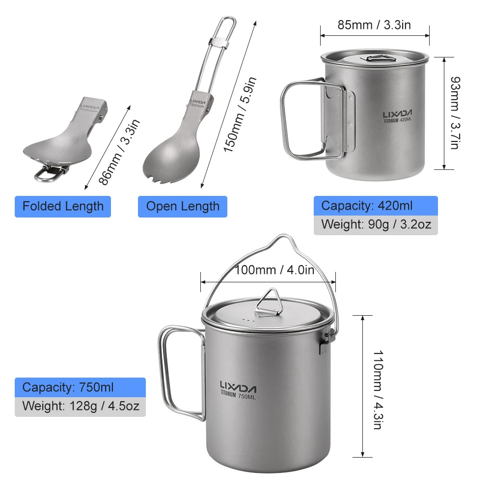Lixada Titanium Pot Camping Water Cup Mug Lightweight Titanium 750ml Pot 350ml Water Cup Mug Camping Spork Outdoor Tableware