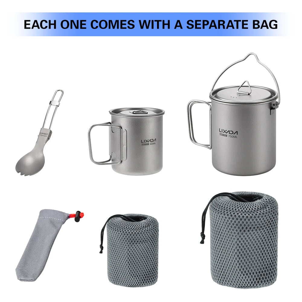 Lixada Titanium Pot Camping Water Cup Mug Lightweight Titanium 750ml Pot 350ml Water Cup Mug Camping Spork Outdoor Tableware