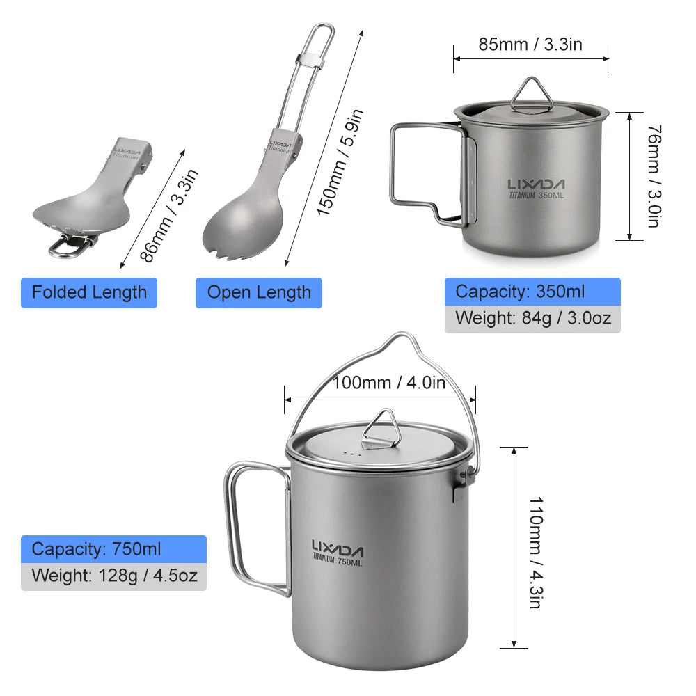 Lixada Titanium Pot Camping Water Cup Mug Lightweight Titanium 750ml Pot 350ml Water Cup Mug Camping Spork Outdoor Tableware