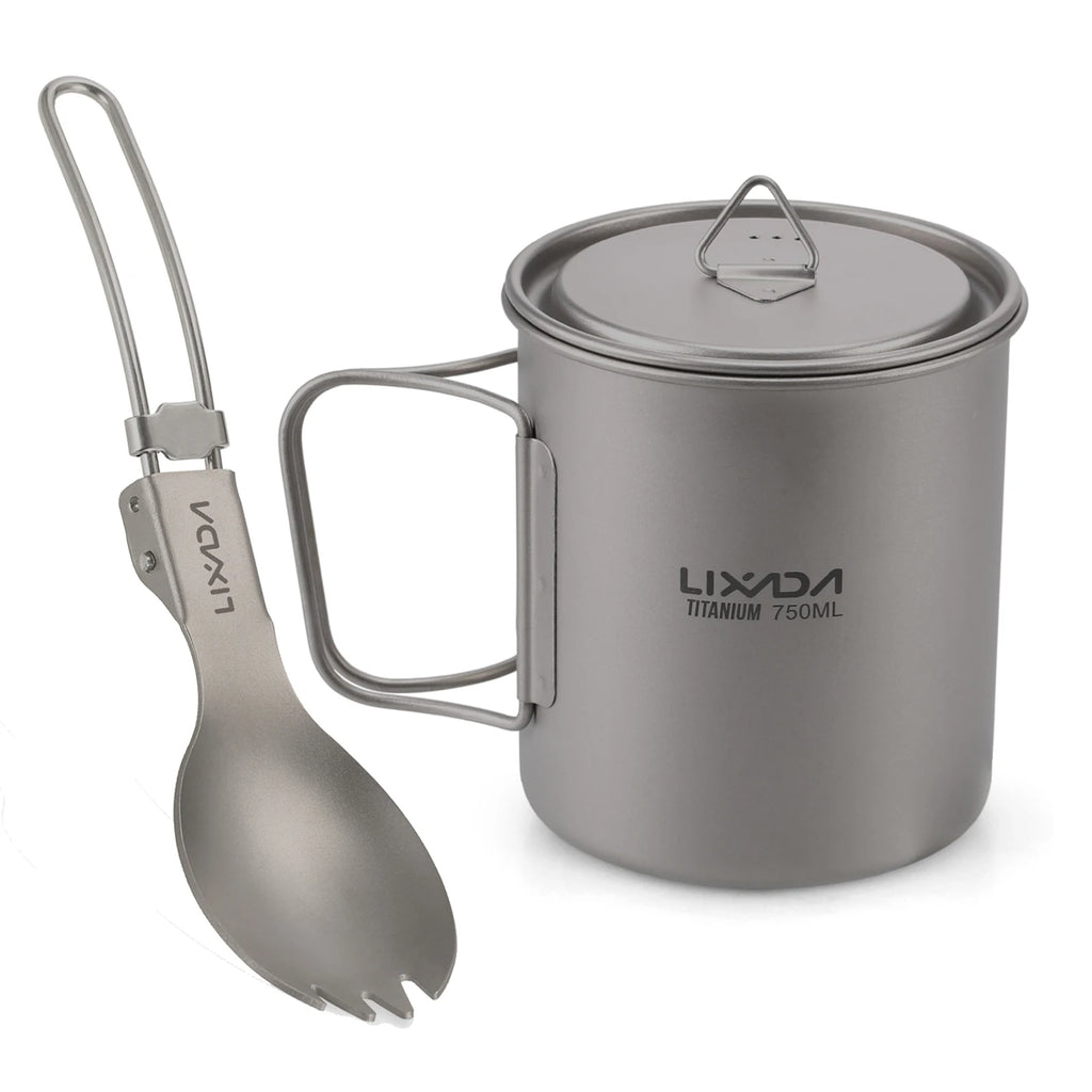 Lixada Titanium Pot Camping Water Cup Mug Lightweight Titanium 750ml Pot 350ml Water Cup Mug Camping Spork Outdoor Tableware
