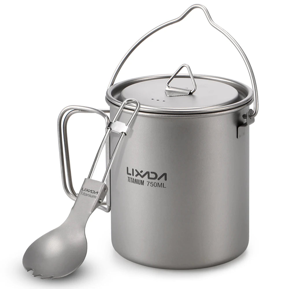 Lixada Titanium Pot Camping Water Cup Mug Lightweight Titanium 750ml Pot 350ml Water Cup Mug Camping Spork Outdoor Tableware