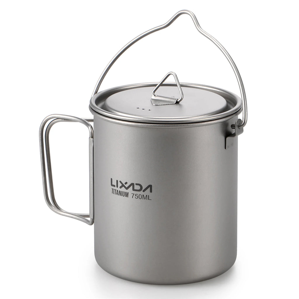 Lixada Titanium Pot Camping Water Cup Mug Lightweight Titanium 750ml Pot 350ml Water Cup Mug Camping Spork Outdoor Tableware