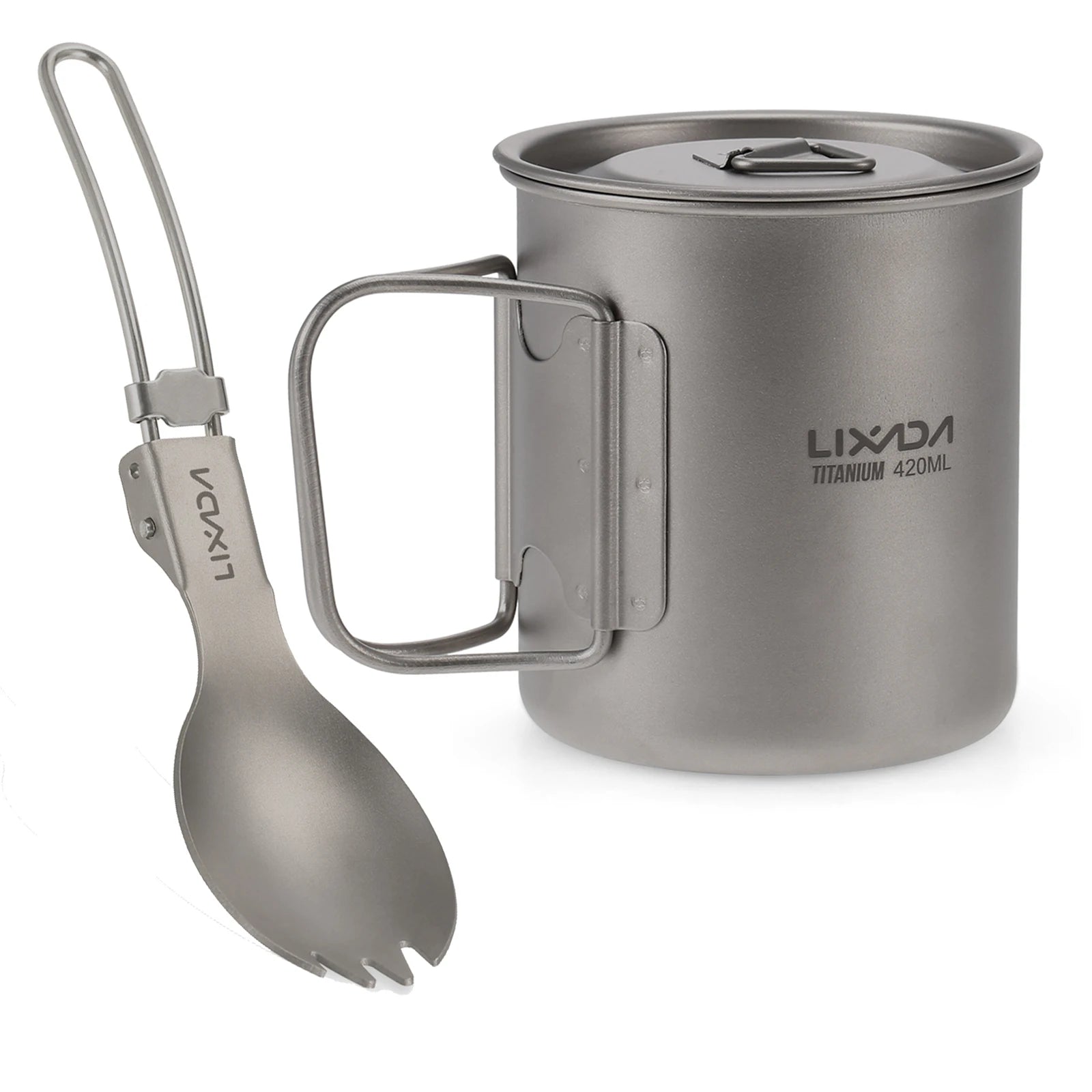 Lixada Titanium Pot Camping Water Cup Mug Lightweight Titanium 750ml Pot 350ml Water Cup Mug Camping Spork Outdoor Tableware