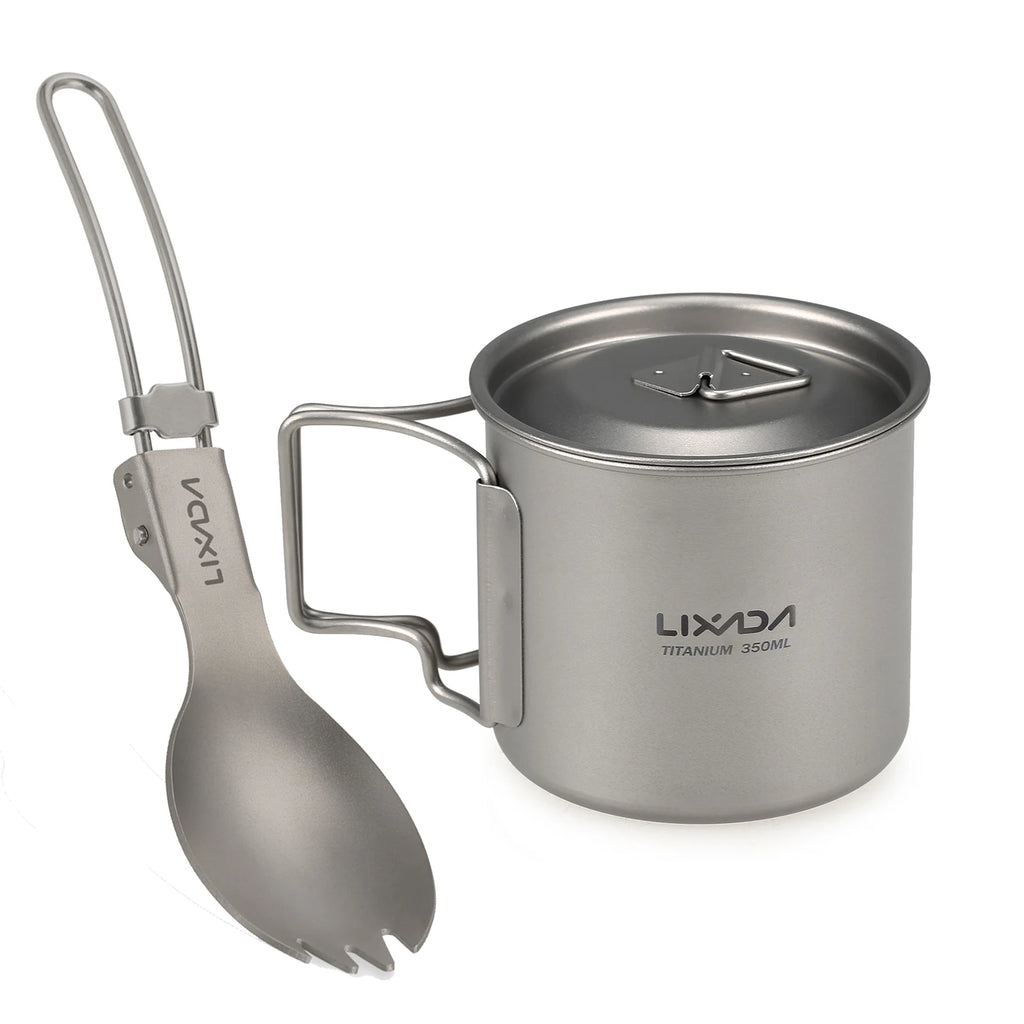 Lixada Titanium Pot Camping Water Cup Mug Lightweight Titanium 750ml Pot 350ml Water Cup Mug Camping Spork Outdoor Tableware