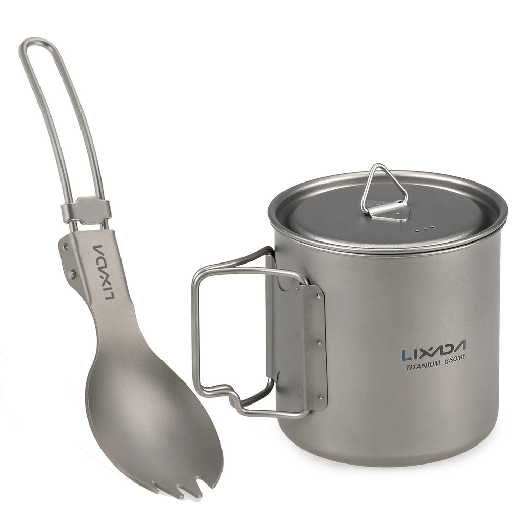 Lixada Titanium Pot Camping Water Cup Mug Lightweight Titanium 750ml Pot 350ml Water Cup Mug Camping Spork Outdoor Tableware
