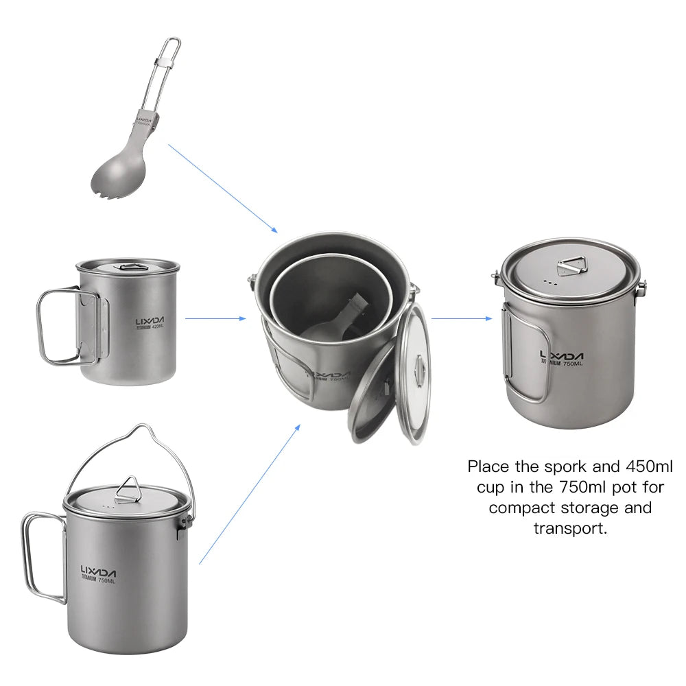Lixada Titanium Pot Camping Water Cup Mug Lightweight Titanium 750ml Pot 350ml Water Cup Mug Camping Spork Outdoor Tableware
