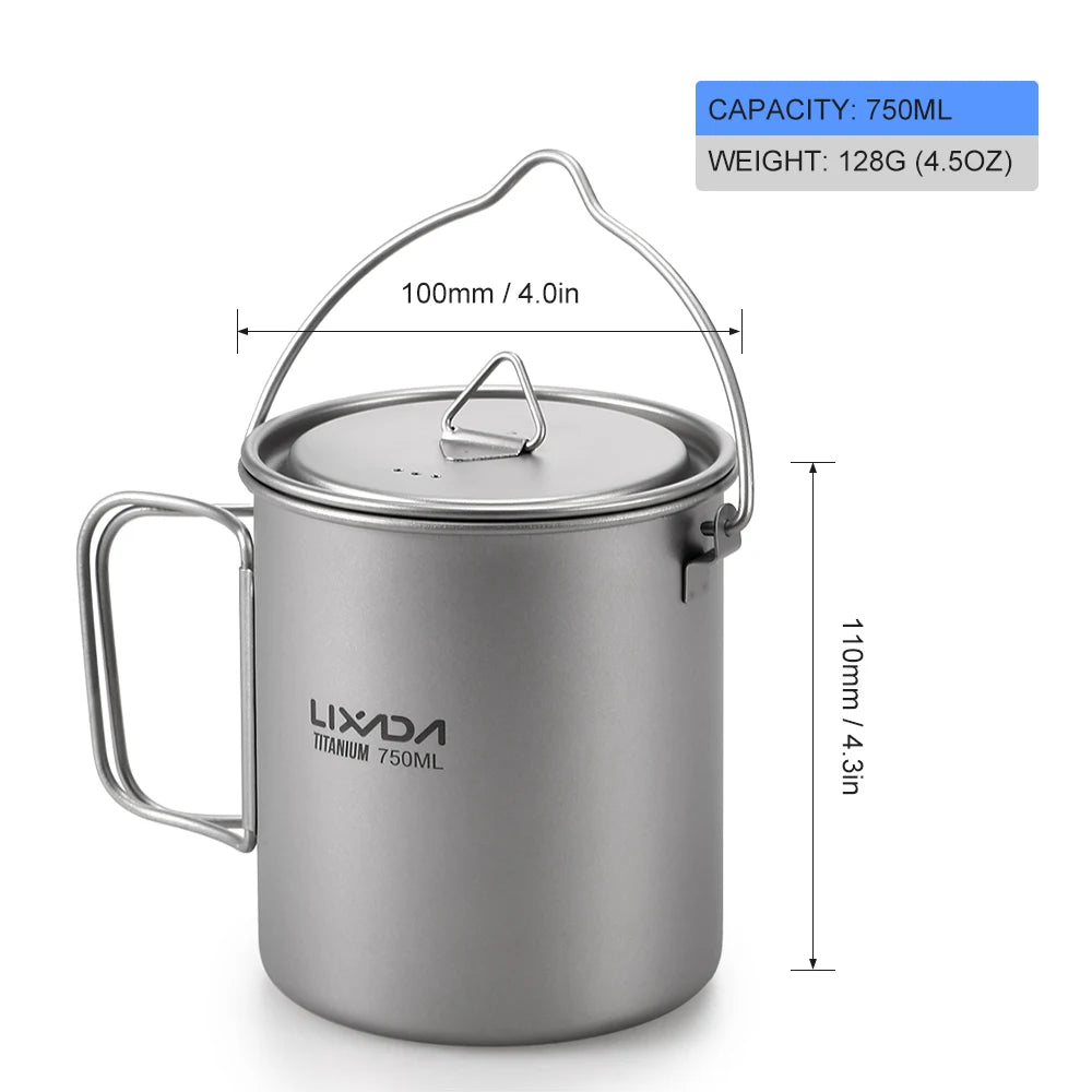 Lixada Titanium Pot Camping Water Cup Mug Lightweight Titanium 750ml Pot 350ml Water Cup Mug Camping Spork Outdoor Tableware
