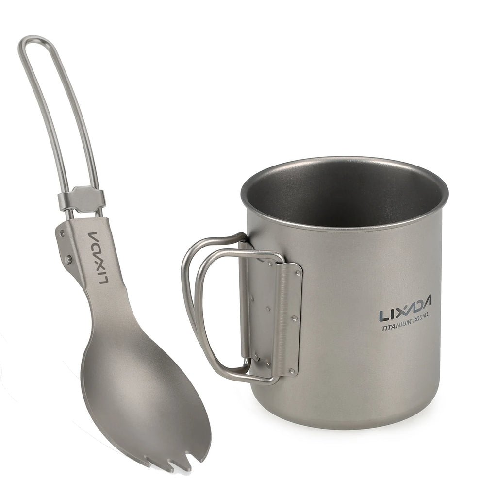 Lixada Titanium Pot Camping Water Cup Mug Lightweight Titanium 750ml Pot 350ml Water Cup Mug Camping Spork Outdoor Tableware