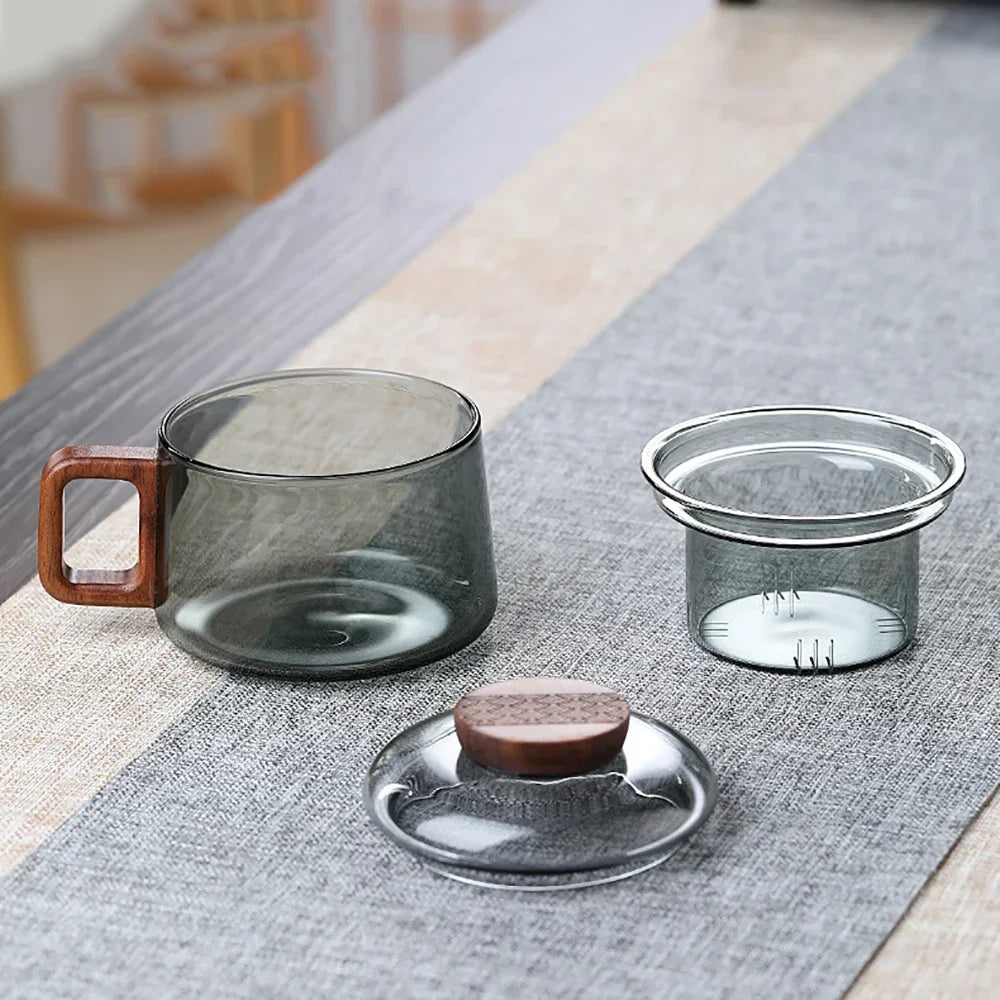 Wooden Handle Glass Teacup With Lid With Filter Cup Tea Water Separator Heatproof Kung Fu Tea Set Office Teacup