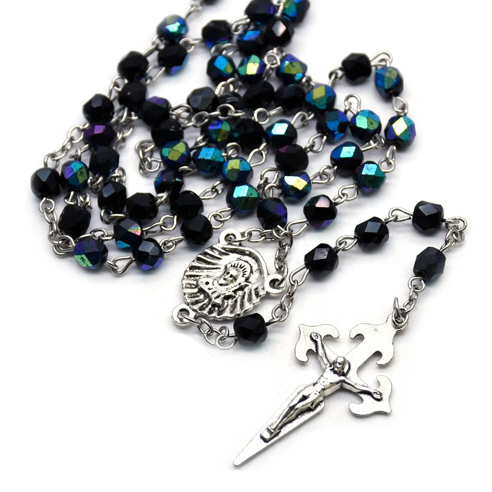 Santiago Rosary Necklace Long Metal Shell Cross Pendant Crystal Beads For Men Women