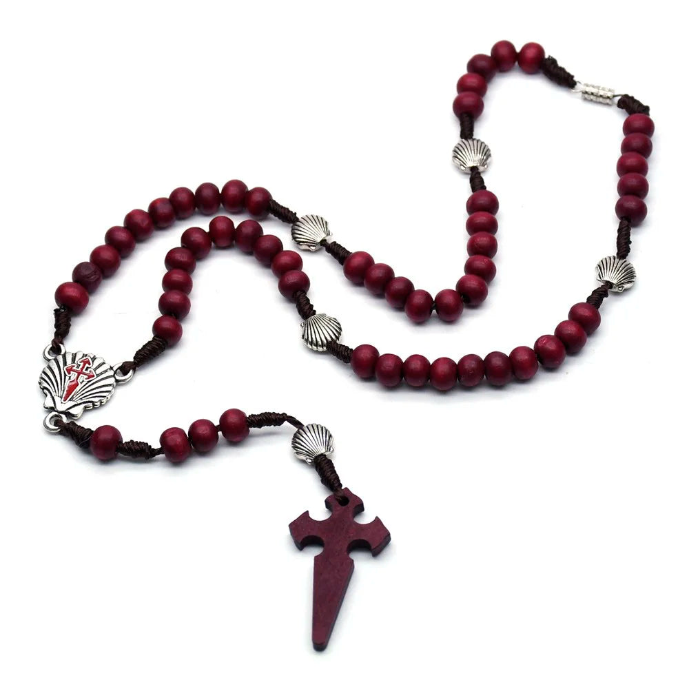 QIGO Santiago Shell Rosary Necklace Wood Beads Strand Chain Religious Jewelry