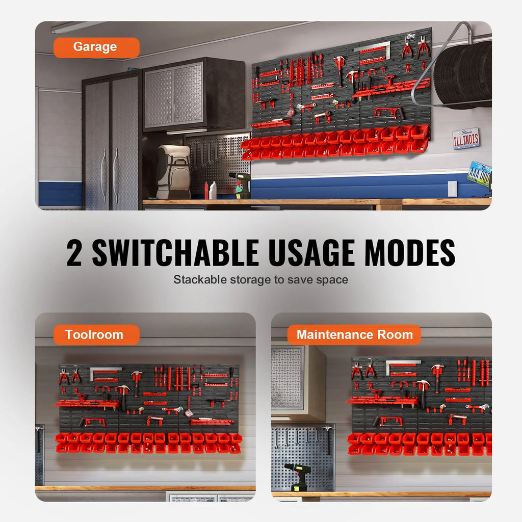 SucceBuy Wall Mounted Storage Bins 30/48Bin Parts Rack Organizer Garage with Wall Panels Hooks Plastic Shop Tool for Screw Nails