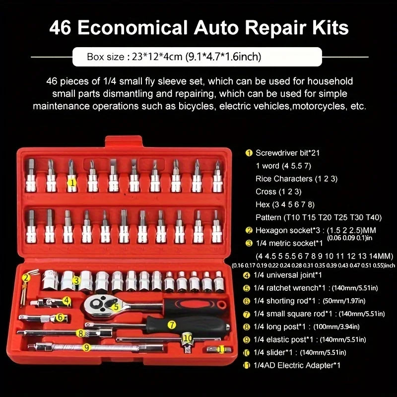 46pcs Kit de herramientas de reparación de automóviles, llave dinamométrica de trinquete, llave inglesa, destornillador, juego de vasos, kit de herramientas combinadas, herramienta de reparación de automóviles para bicic
