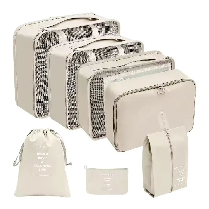 7PCS Conjunto de bolsa de viaje, zapatos, ropa, bolsas de almacenamiento, organizador de equipaje, cubos de embalaje, conjunto de bolsas portátiles para dormitorios de estudiantes, ropa.