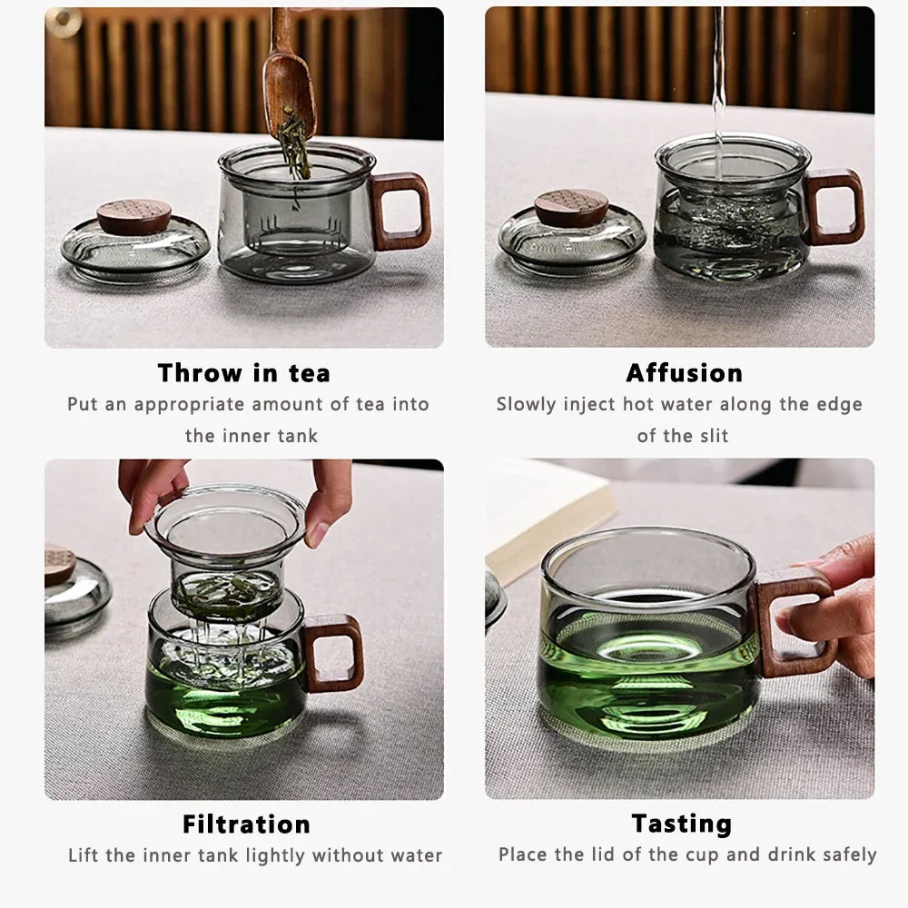 Wooden Handle Glass Teacup With Lid With Filter Cup Tea Water Separator Heatproof Kung Fu Tea Set Office Teacup