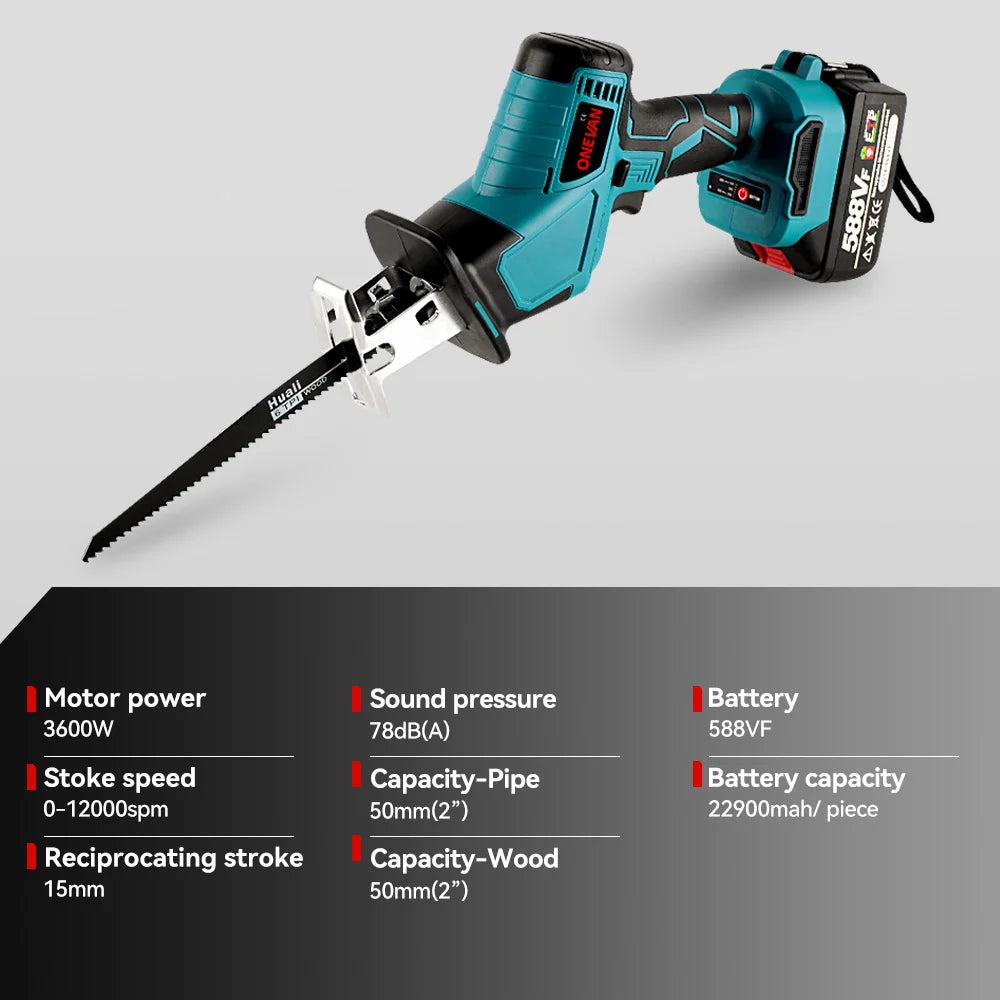 ONEVAN 3600W 12000SPM Sierra recíproca eléctrica inalámbrica sin escobillas, cortadora de madera y metal de velocidad variable para batería Makita de 18 V