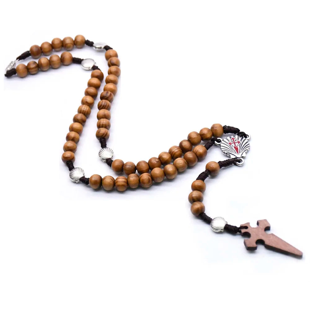 QIGO Santiago Shell Rosary Necklace Wood Beads Strand Chain Religious Jewelry