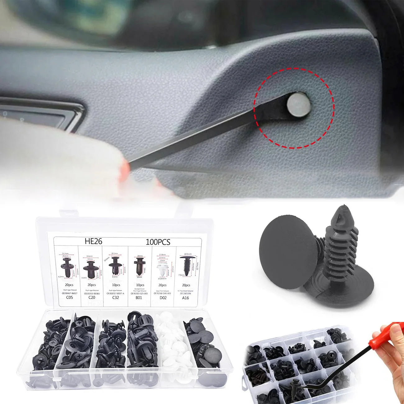 100Pcs Clips de retención de parachoques, clips para automóvil, remaches de plástico, sujetadores, kit de retención a presión, el más popular, juego de remaches de pasador de empuje para automóvil de 6 tamaños.
