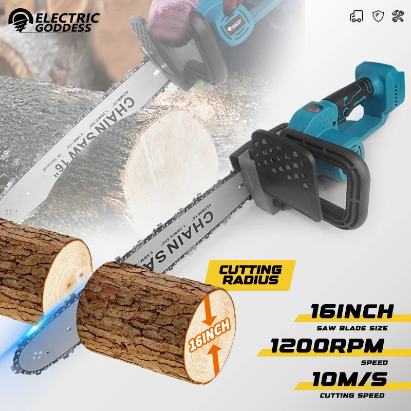 Sierra de cadena eléctrica sin escobillas Electric Goddess de 16 pulgadas, herramienta eléctrica de mano para cortar madera, compatible con batería Makita de 18 V.