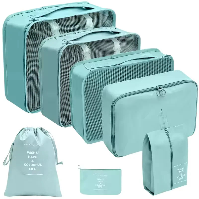 7PCS Conjunto de bolsa de viaje, zapatos, ropa, bolsas de almacenamiento, organizador de equipaje, cubos de embalaje, conjunto de bolsas portátiles para dormitorios de estudiantes, ropa.