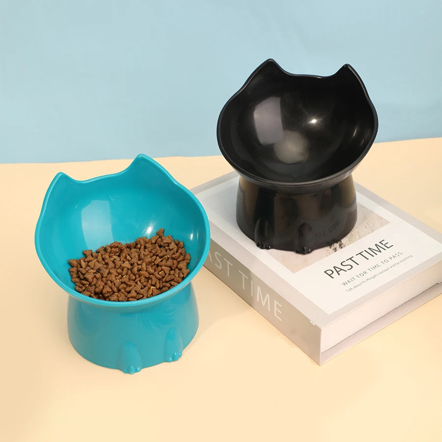 1pc Comedero elevado para gatos, de plástico antivuelco, con borde inclinado y protección para el cuello.