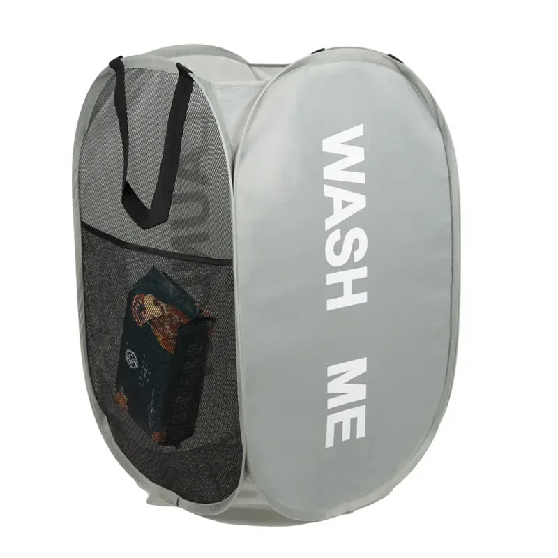 Cesto de ropa sucia plegable de malla portátil, de apertura amplia, transpirable, plegable, ahorra espacio, ideal para dormitorio, viajes, artículos de baño.