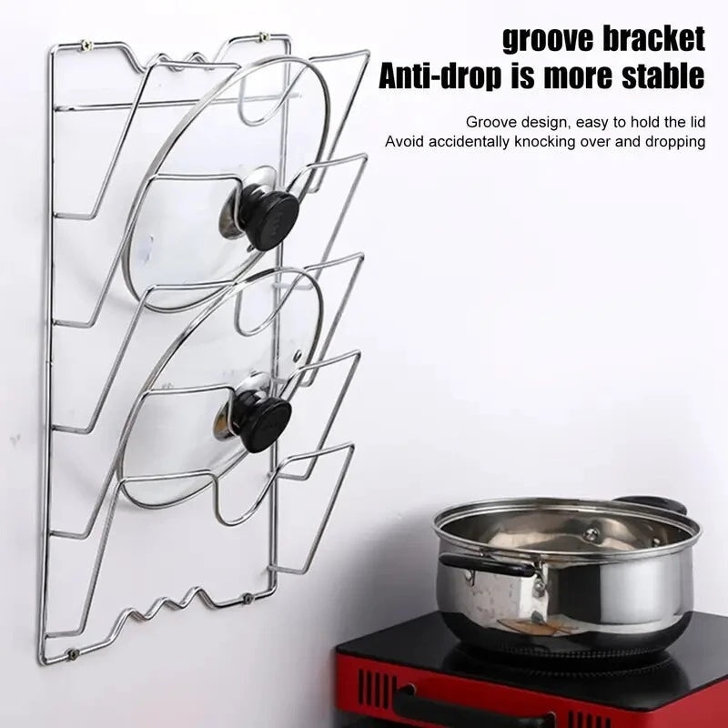 Estante multifuncional de pared para tapas de ollas, perforado con cinco capas, para cocina doméstica.