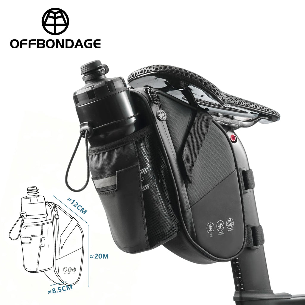 OFFBONDAGE Bike Seat Bag with Water Bottle Holder Bag Waterproof Reflective 2L Bicycle Saddle Bag Storage mtb Bike Tail Bag