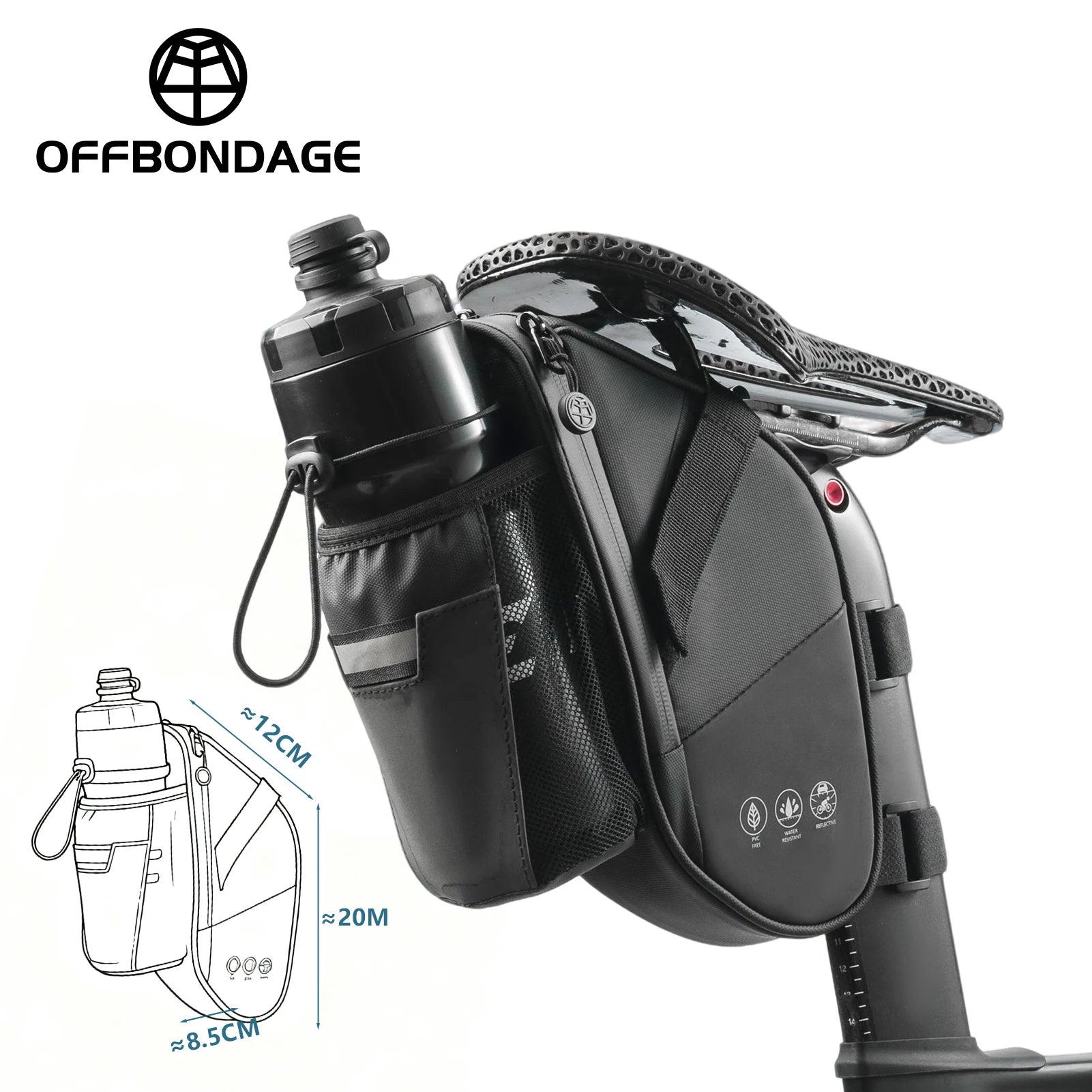 OFFBONDAGE Bike Seat Bag with Water Bottle Holder Bag Waterproof Reflective 2L Bicycle Saddle Bag Storage mtb Bike Tail Bag