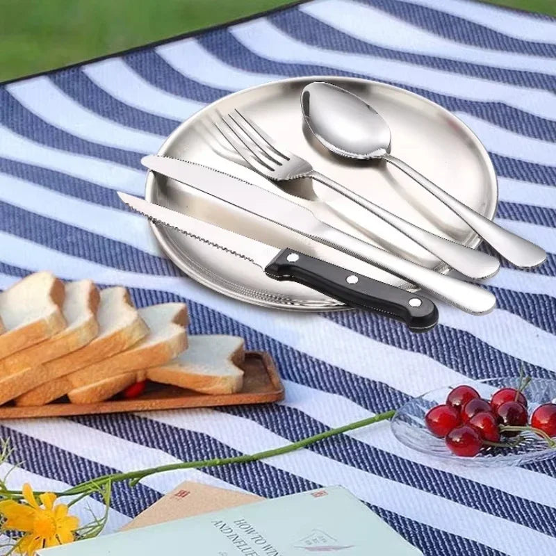 Stainless Plate Spoon Knife Fork Tong Outdoor Camping Cutlery with Storage Box 10Pc Picnic Portable Set Camping Hiking Tableware