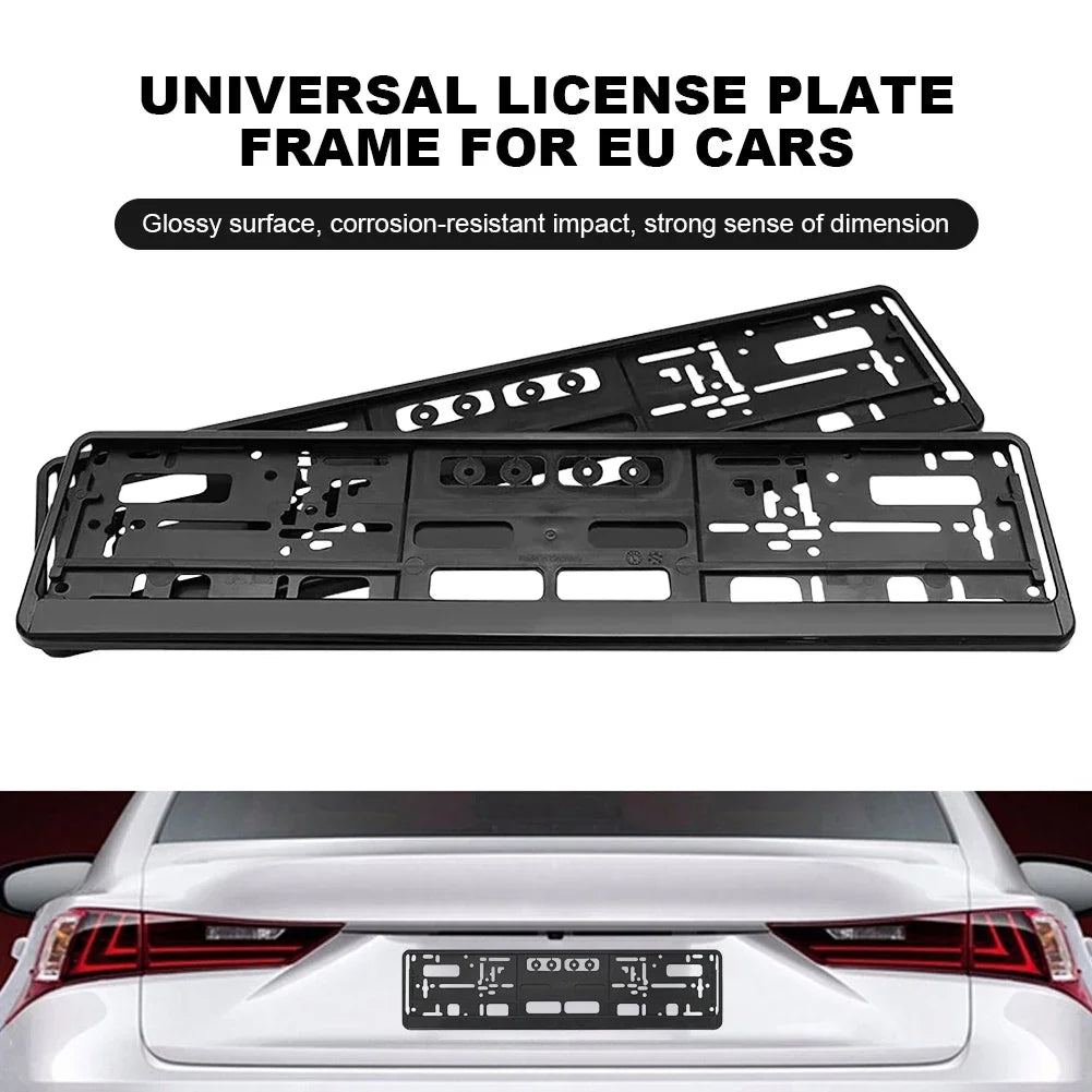 2Pcs Soporte para matrícula de coche, color negro, estándar de la UE, fácil de instalar, anticorrosión, resistente al agua y duradero.