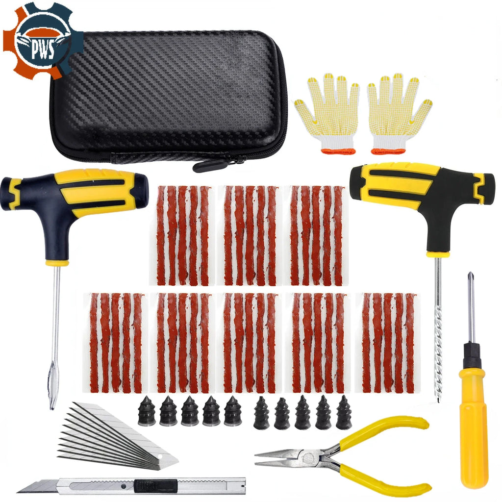 PWS Kit de reparación de neumáticos de coche nuevo, herramientas para tapones de pinchazos, emergencia para pinchazos de neumáticos, tiras universales para neumáticos, kit de herramientas de reparación con pegamento para