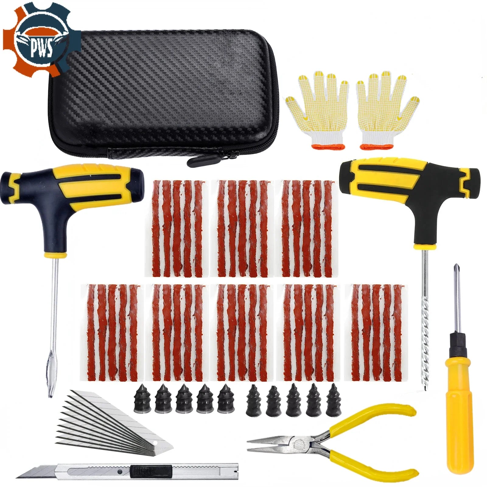 PWS Kit de reparación de neumáticos de coche nuevo, herramientas para tapones de pinchazos, emergencia para pinchazos de neumáticos, tiras universales para neumáticos, kit de herramientas de reparación con pegamento para
