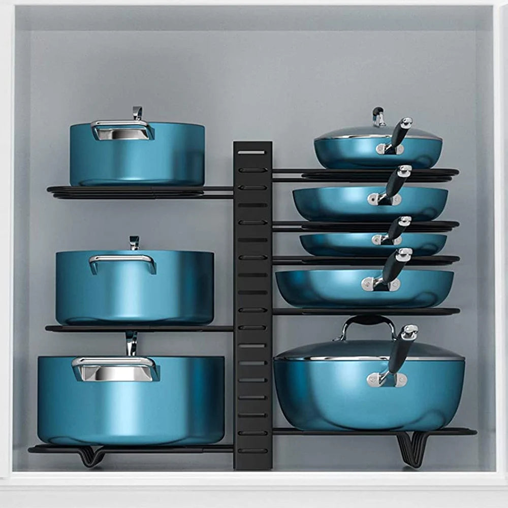 Organizador de ollas y sartenes de 8 niveles, 3 métodos de bricolaje, armario ajustable, despensa, ollas, tapas, almacenamiento, organización de cocina