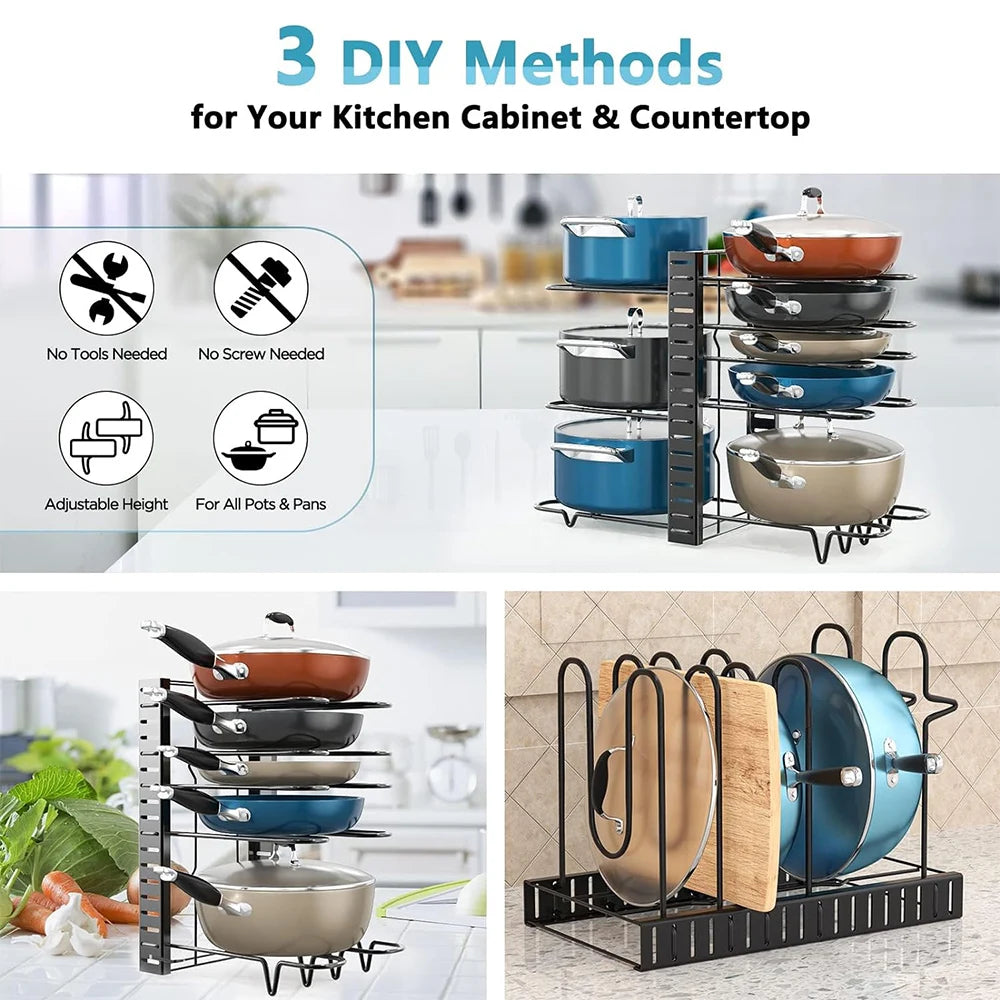 Organizador de ollas y sartenes de 8 niveles, 3 métodos de bricolaje, armario ajustable, despensa, ollas, tapas, almacenamiento, organización de cocina