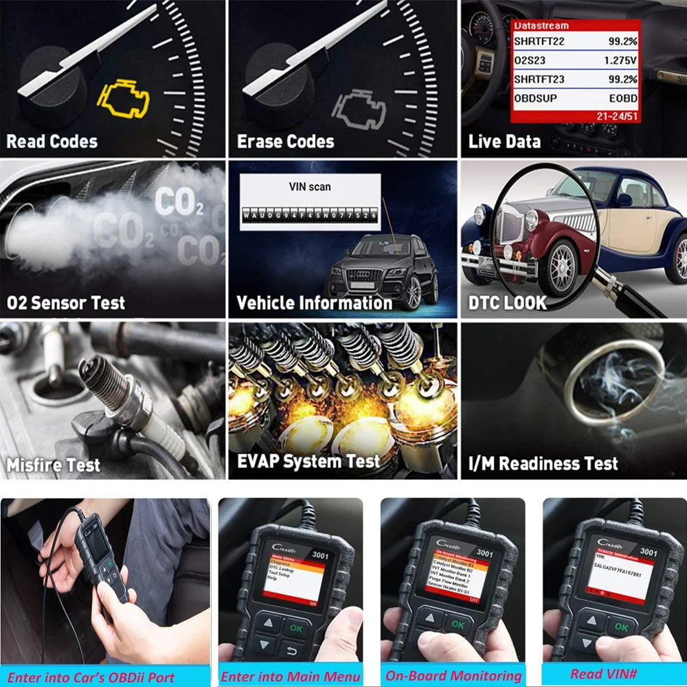 LAUNCH X431 CR3001 Herramientas de diagnóstico OBD2 para coche, lector de códigos profesional automotriz, escáner de comprobación de motor, actualización gratuita, paquete ELM32