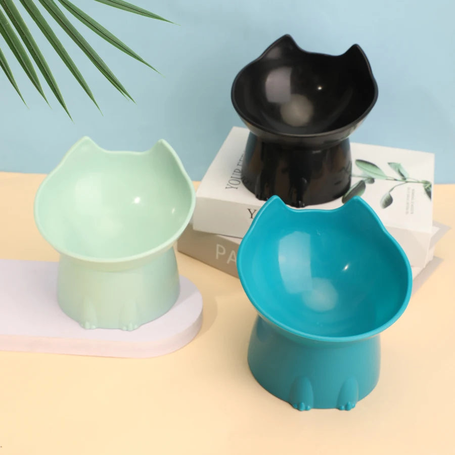 1pc Comedero elevado para gatos, de plástico antivuelco, con borde inclinado y protección para el cuello.