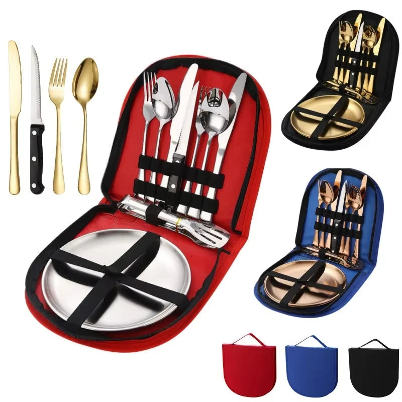 Stainless Plate Spoon Knife Fork Tong Outdoor Camping Cutlery with Storage Box 10Pc Picnic Portable Set Camping Hiking Tableware