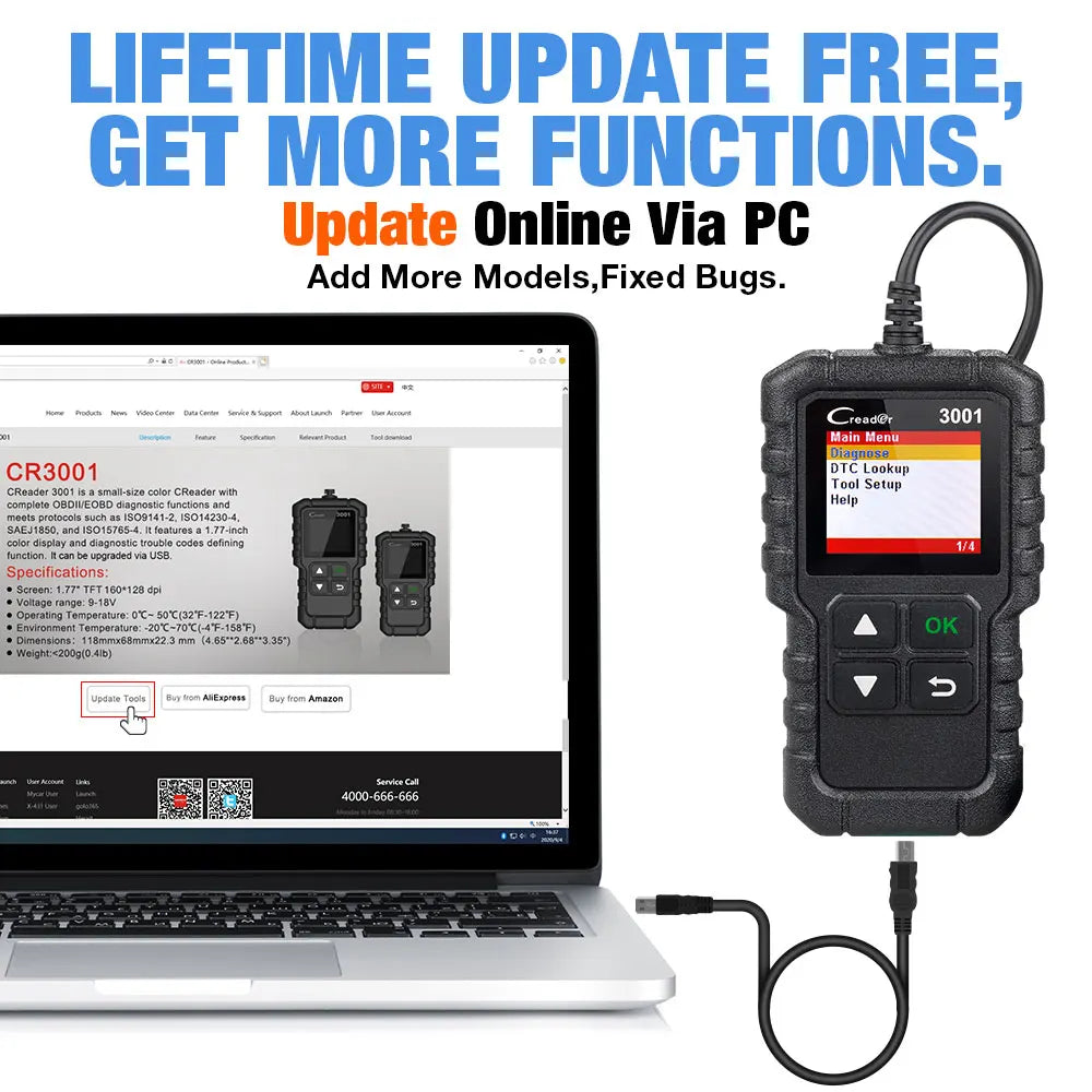 LAUNCH X431 CR3001 Herramientas de diagnóstico OBD2 para coche, lector de códigos profesional automotriz, escáner de comprobación de motor, actualización gratuita, paquete ELM32