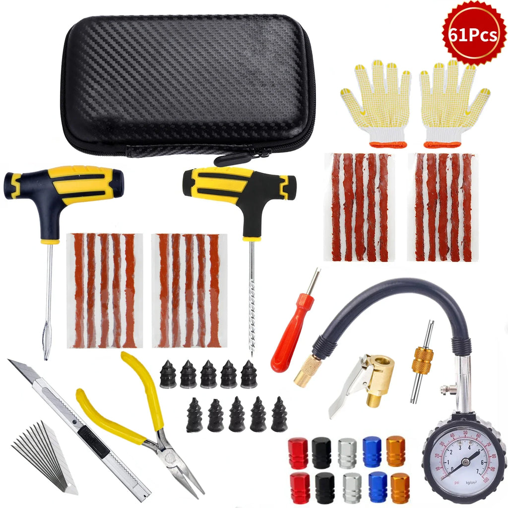 PWS Kit de reparación de neumáticos de coche nuevo, herramientas para tapones de pinchazos, emergencia para pinchazos de neumáticos, tiras universales para neumáticos, kit de herramientas de reparación con pegamento para