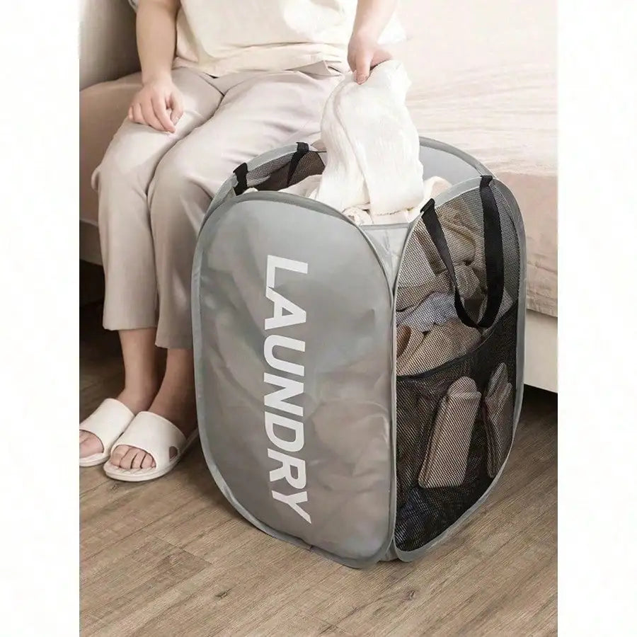1pc Foldable Mesh Laundry Hamper With Handle Popup Dirty Clothes Basket WASH ME/LAUNDRY DRY for Bathroom Household
