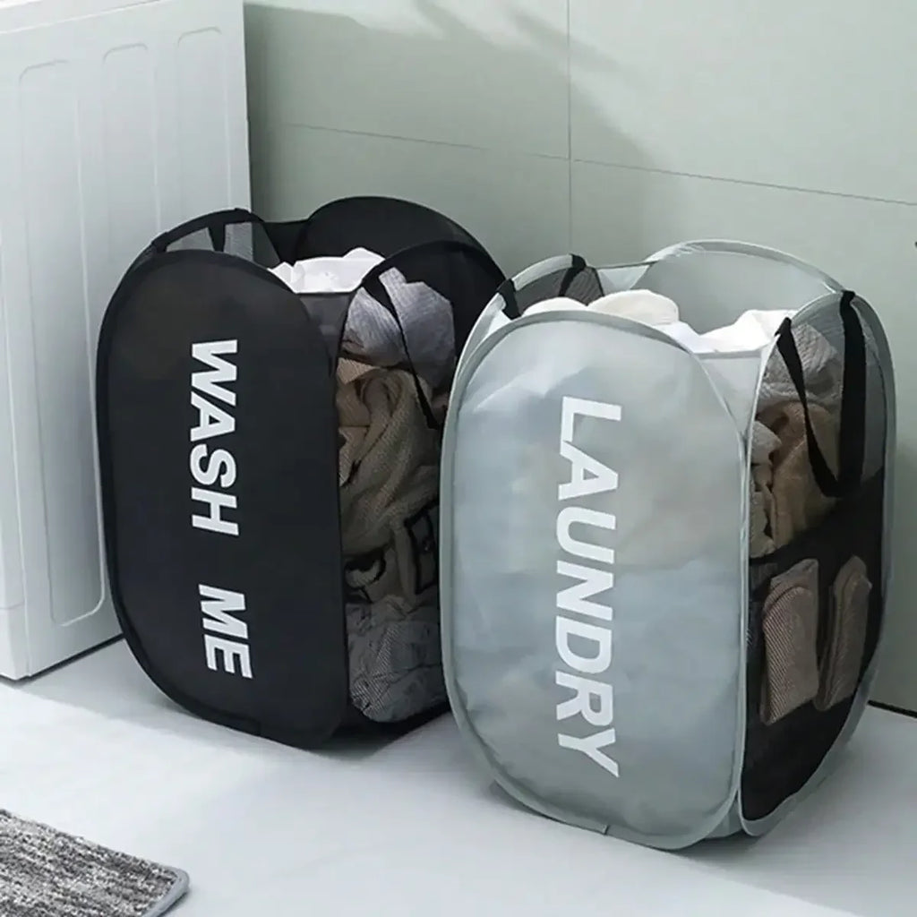 Cesto de ropa sucia plegable de malla portátil, de apertura amplia, transpirable, plegable, ahorra espacio, ideal para dormitorio, viajes, artículos de baño.