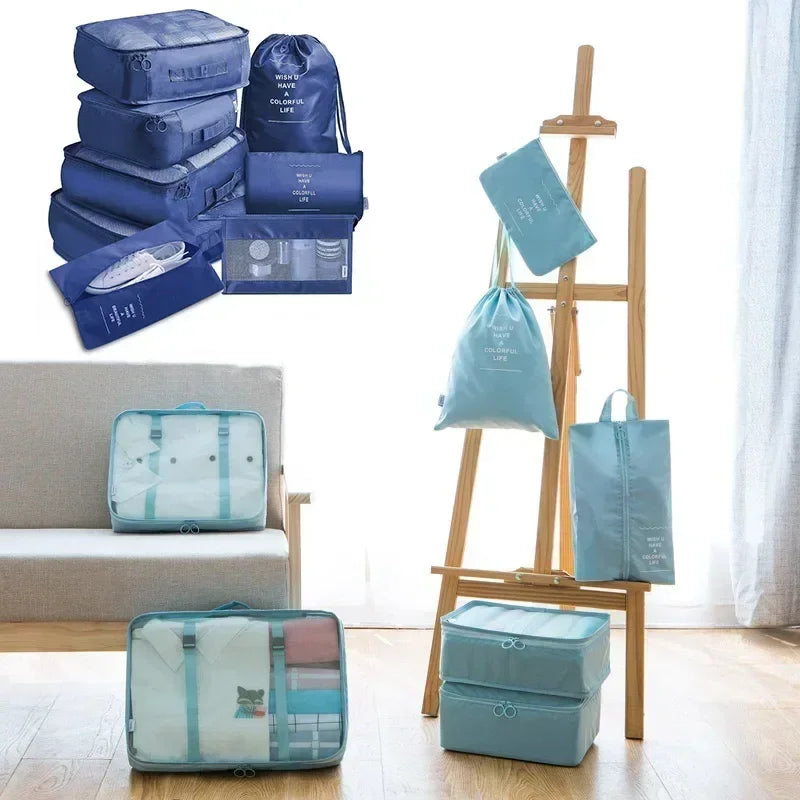 7PCS Conjunto de bolsa de viaje, zapatos, ropa, bolsas de almacenamiento, organizador de equipaje, cubos de embalaje, conjunto de bolsas portátiles para dormitorios de estudiantes, ropa.