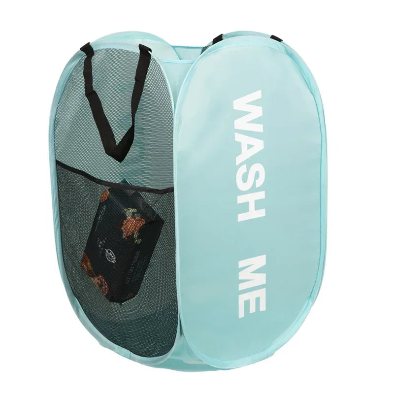 Cesto de ropa sucia plegable de malla portátil, de apertura amplia, transpirable, plegable, ahorra espacio, ideal para dormitorio, viajes, artículos de baño.