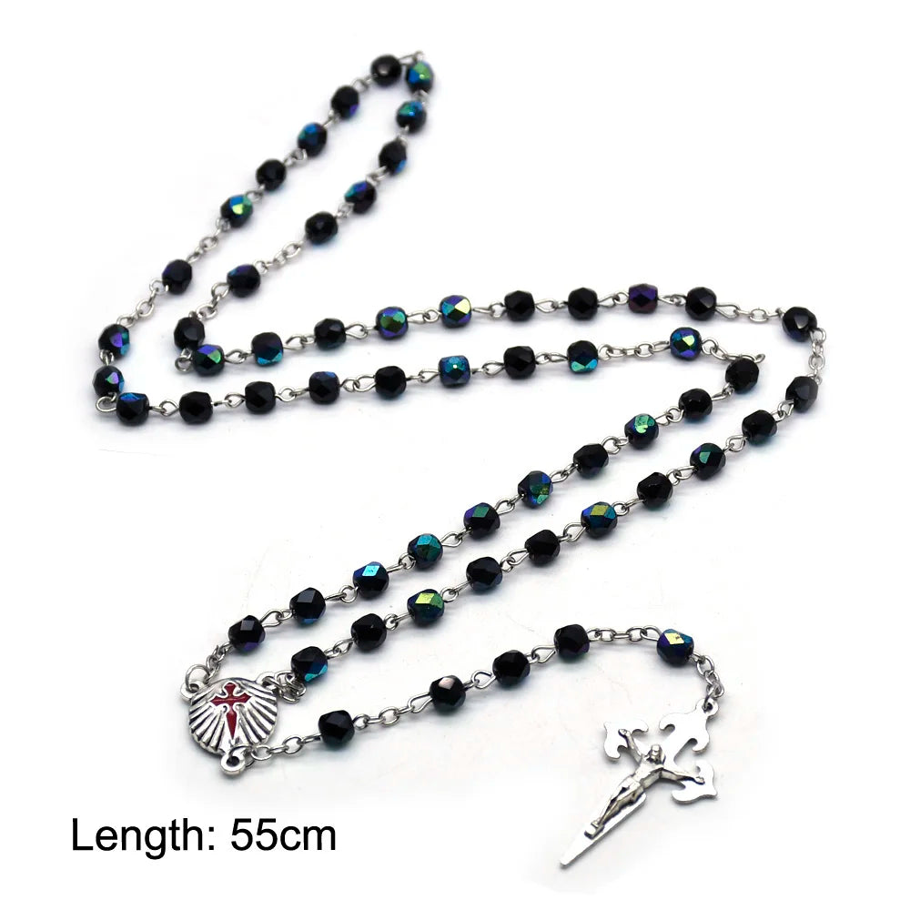 Santiago Rosary Necklace Long Metal Shell Cross Pendant Crystal Beads For Men Women
