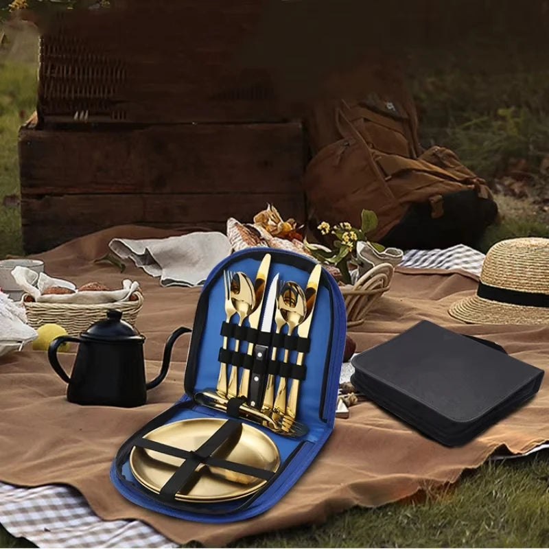 Stainless Plate Spoon Knife Fork Tong Outdoor Camping Cutlery with Storage Box 10Pc Picnic Portable Set Camping Hiking Tableware