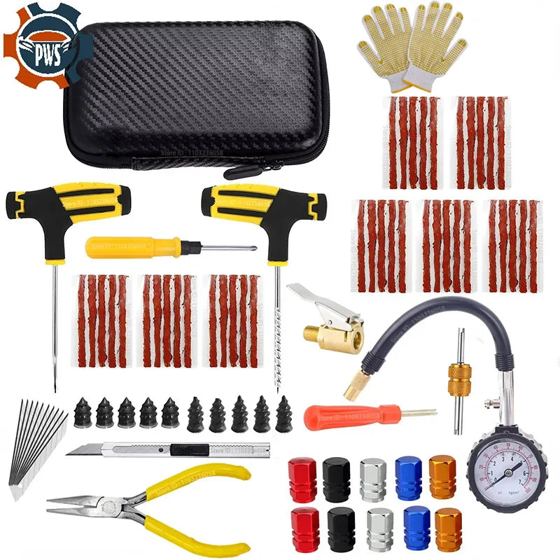 PWS Kit de reparación de neumáticos de coche nuevo, herramientas para tapones de pinchazos, emergencia para pinchazos de neumáticos, tiras universales para neumáticos, kit de herramientas de reparación con pegamento para