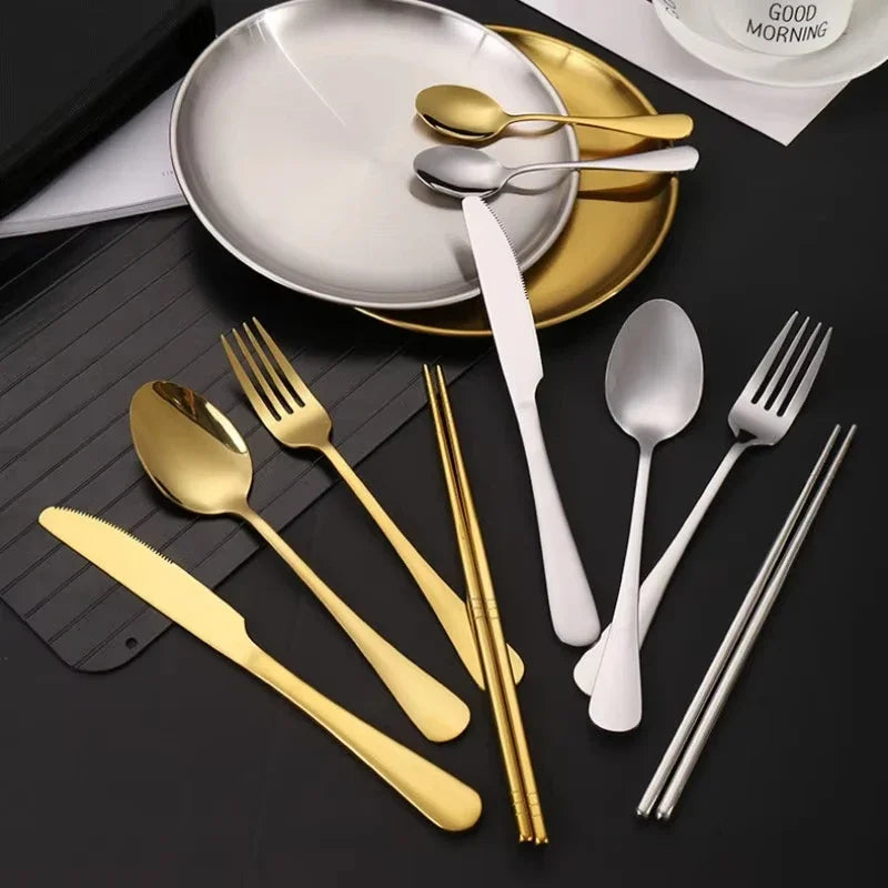 Stainless Plate Spoon Knife Fork Tong Outdoor Camping Cutlery with Storage Box 10Pc Picnic Portable Set Camping Hiking Tableware